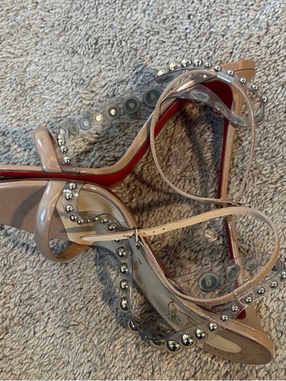 Christian Louboutin Nude Patent Open-Toe Heels with Silver Stud Embellishments - Picture 2 of 6